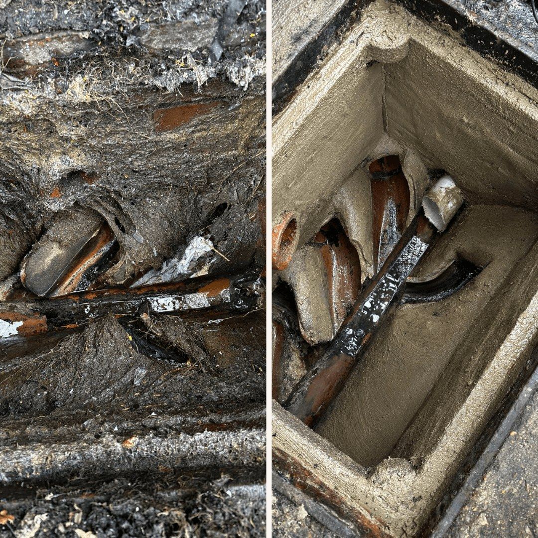 An inspection chamber packed with waste on the left, and the same chamber cleared and repaired on the right