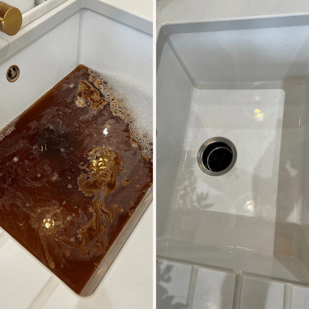 A kitchen sink full of standing brown water on the left, and the same sink empty and clean on the right